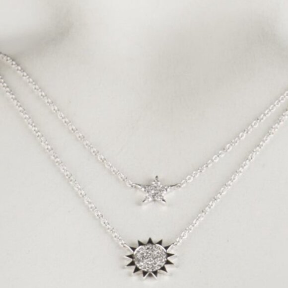 SHY CREATION 14K WHITE GOLD DIAMOND SUN & STAR LAYERED NECKLACE - Picture 9 of 9